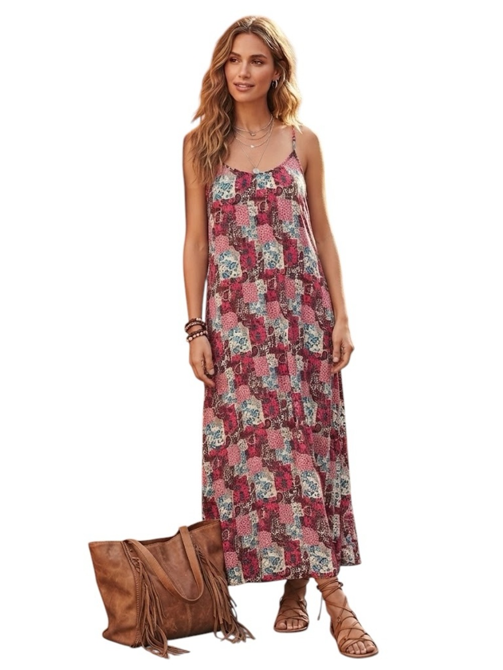 NWT Natural Life Boho Patchwork Maxi Slip Dress in Fuchsia